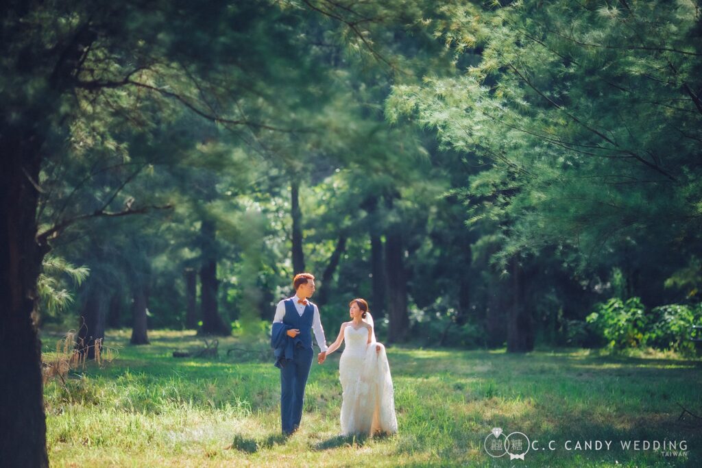 婚紗照姿勢・森林草地上漫步的新人遠景 森林草地上漫步的新人遠景|婚紗照推薦