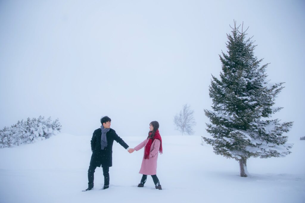 北海道雪地婚紗・白茫茫雪原與聖誕樹旁牽手的情侶 白茫茫雪原與聖誕樹旁牽手的情侶|沖繩自助婚紗
