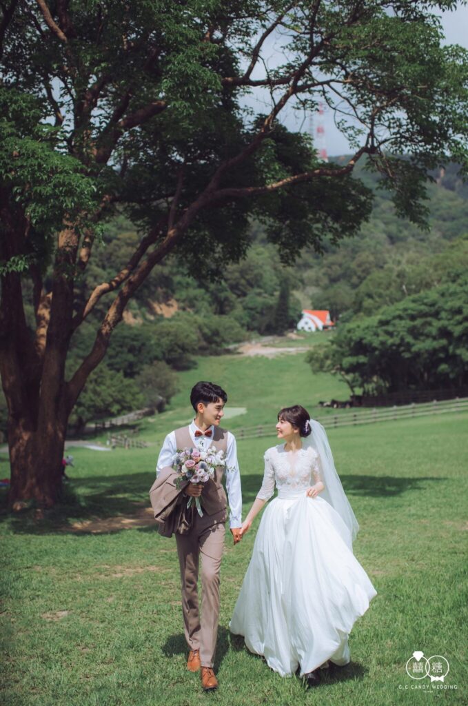 婚紗照姿勢・大樹草坪上牽手散步 大樹草坪上牽手散步的新人|婚紗照推薦