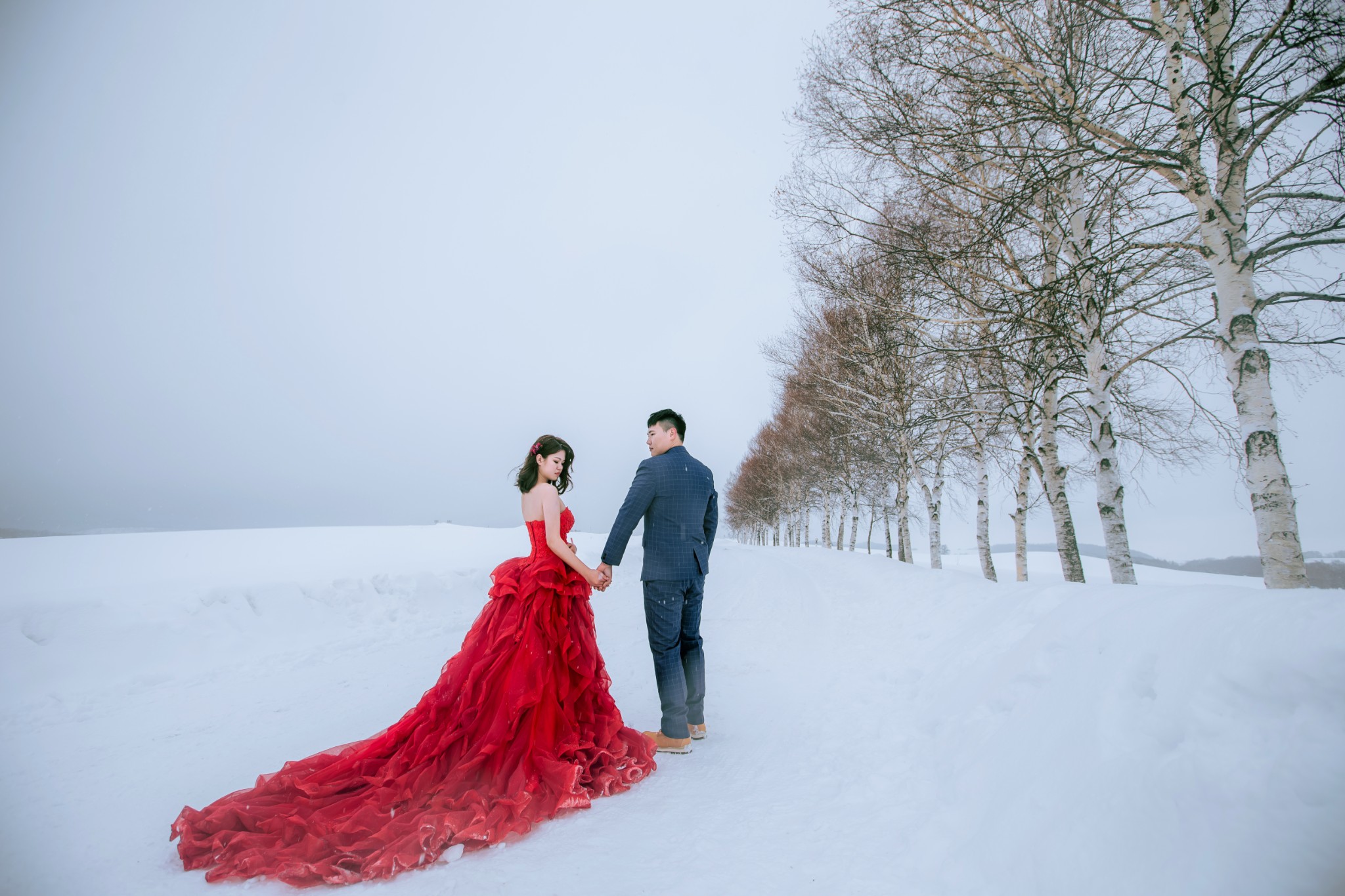 北海道雪地白樺林道上的紅色禮服新娘 北海道雪地白樺林道上的紅色禮服新娘|韓風婚紗照