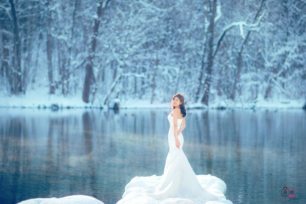 鏡頭焦段 雪地湖邊半身遠景 鏡頭焦段 雪地湖邊半身遠景